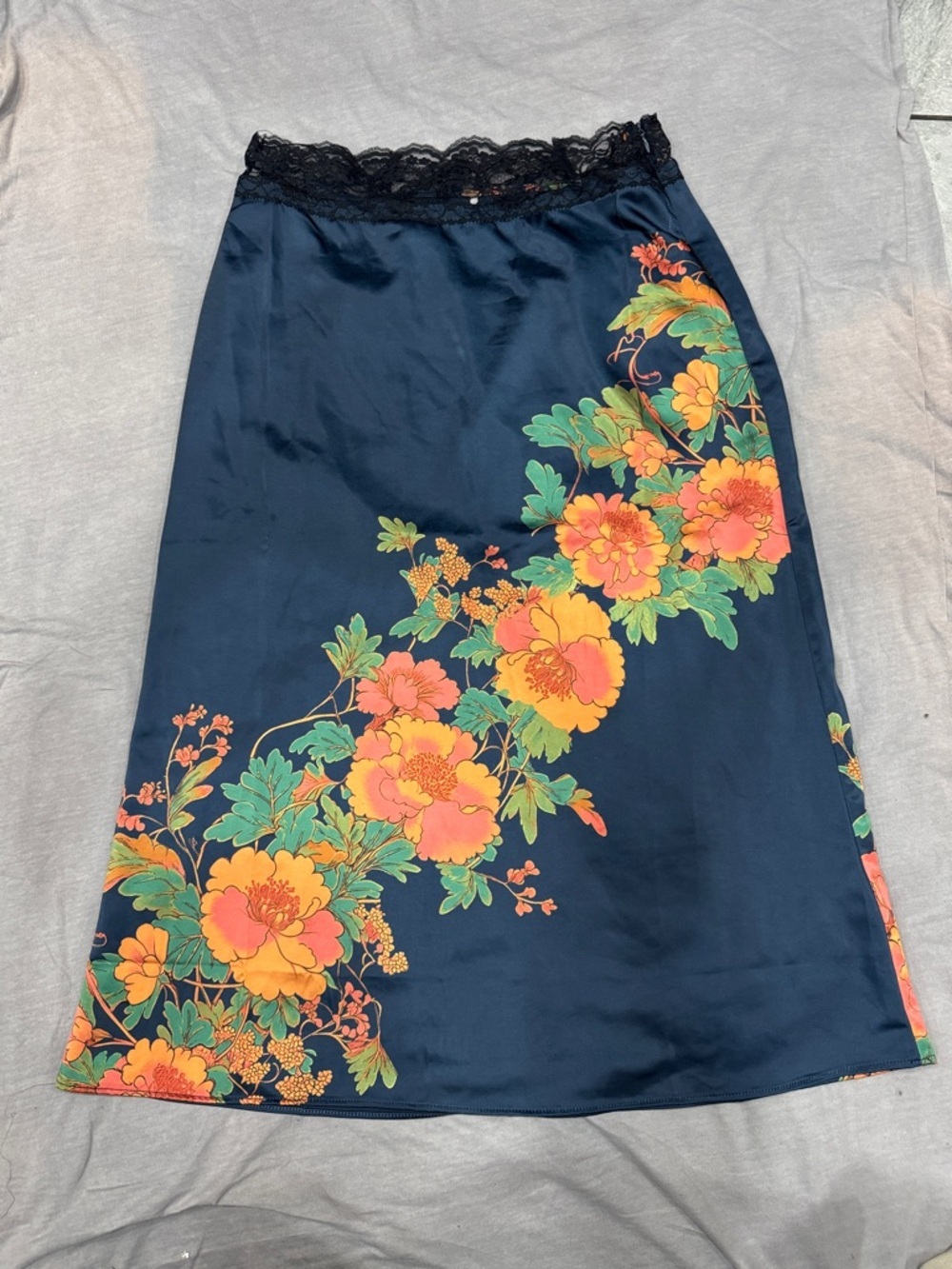 Free People Navy Satin Midi Skirt with Orange Floral Print